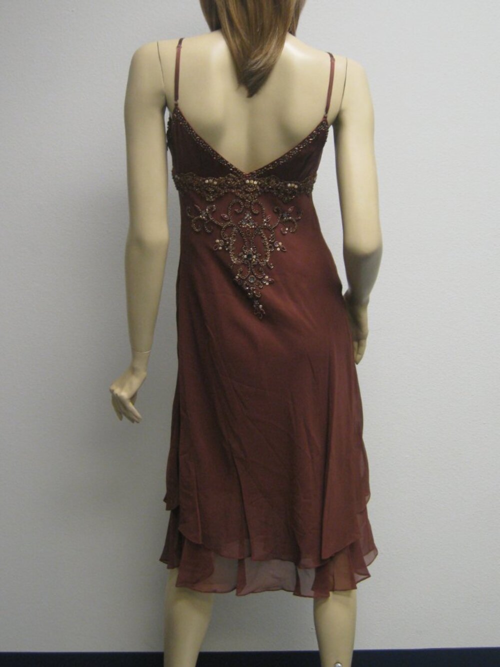 Sue Wong Dress Y2K Sexy Beaded 48 Cocktail Brown Chocolate Midi SILK Copper New - Picture 7 of 16